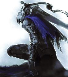  1boy armor cape elden_ring elden_ring_nightreign full_armor gauntlets hanny_(uirusu_chan) helmet highres holding holding_sword holding_weapon huge_weapon official_alternate_costume purple_cape solo squatting sword sword_on_back torn_cape torn_clothes weapon weapon_on_back white_background wylder_(elden_ring) 