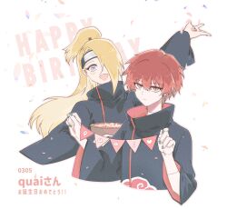  2boys akatsuki_uniform asymmetrical_bangs banner blue_eyes bowl commentary_request confetti deidara_(naruto) doll_joints english_text extra_mouth eyeliner forehead_protector hair_over_one_eye happy heart high_ponytail highres holding holding_banner holding_bowl joints long_hair looking_at_viewer m11080505 makeup male_focus multiple_boys naruto_(series) naruto_shippuuden ponytail red_eyes red_hair robe sasori_(naruto) short_hair signature simple_background white_background 