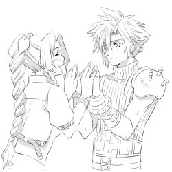  1boy 1girl aerith_gainsborough arm_belt armor bangle belt blush bracelet braid braided_ponytail breasts closed_eyes closed_mouth cloud_strife commentary_request cropped_jacket earrings final_fantasy final_fantasy_vii final_fantasy_vii_remake greyscale hair_between_eyes hair_ribbon high_five ipcen jewelry long_hair looking_at_another medium_breasts monochrome multiple_belts open_mouth parted_bangs pauldrons ribbed_shirt ribbon shirt short_hair short_sleeves shoulder_armor sidelocks single_earring single_pauldron sketch sleeveless sleeveless_turtleneck smile spiky_hair suspenders teeth turtleneck upper_body upper_teeth_only white_background 