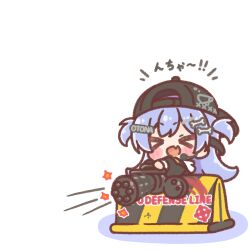  >_< 1girl :d backwards_hat baseball_cap black_hat blush_stickers bone_hair_ornament cartoon_bone chibi colored_shadow commentary_request fang firing gatling_gun gun hair_ornament hat headset highres holding holding_gun holding_weapon m134_minigun mitarashi_neko purple_hair shadow simple_background smile solo translation_request two_side_up virtual_youtuber vspo! weapon white_background xd yano_kuromu 