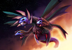  black_fur black_sclera black_sky blue_skin clenched_teeth colored_sclera colored_skin commentary_request dappled_sunlight evening facing_to_the_side flying hydreigon kurobis looking_ahead midair multiple_heads multiple_wings night open_mouth pokemon pokemon_(creature) pokemon_focus red_eyes sharp_teeth sky star_(sky) sunlight teeth wings 
