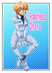  1girl arm_ribbon blue_eyes closed_mouth commentary_request francesca_o'hara full_body gundam highres long_hair mecha_pilot_suit orange_hair polka_dot polka_dot_background ribbon saika_(pixiv43370196) smile solo victory_gundam 