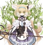  1girl animal_ears arknights black_gloves blonde_hair blue_hairband blush dress earpiece fox_ears fox_girl fox_tail frills gloves green_eyes hair_between_eyes hair_rings hairband highres holding holding_staff infection_monitor_(arknights) kyuubi looking_at_viewer multicolored_hair multiple_tails reitoubeef scrunchie simple_background single_glove smile solo staff suzuran_(arknights) tail white_hair wrist_scrunchie 