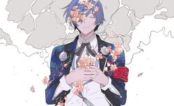  1boy armband black_jacket black_ribbon blue_hair branch cherry_blossoms closed_eyes closed_mouth collared_shirt earphones_removed gekkoukan_high_school_uniform hair_between_eyes highres jacket male_focus mp3_player neck_ribbon own_hands_together persona persona_3 petals red_armband ribbon school_uniform shirt simple_background solo upper_body white_shirt xing_20 yuuki_makoto_(persona_3) 