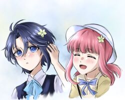  1boy 1girl :o ^_^ adjusting_another's_hair aeon_(shining_nikki) aged_down ascot bag blue_ascot blue_background blue_bow blue_bowtie blue_eyes blue_hair blue_vest blush bow bowtie cardigan child closed_eyes collared_shirt commentary cropped_torso dot_nose english_commentary eyelashes flower hair_between_eyes hair_flower hair_ornament hair_tie hand_in_another's_hair happy hat hetero highres long_hair low_twintails nikki_(nikki) nikki_(series) nonoberry22 open_mouth parted_bangs parted_lips pink_hair shining_nikki shirt short_hair short_twintails shoulder_bag smile sun_hat surprised twintails vest white_hat white_shirt yellow_cardigan yellow_flower young_nikki_(shining_nikki) 