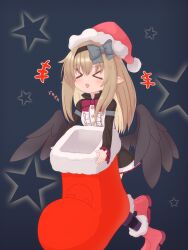  >_< absurdres black_background black_hairband black_ribbon black_shirt blonde_hair boots christmas christmas_stocking commentary_request dark_feather_alma emil_chronicle_online hair_ribbon hairband hat highres long_hair pointy_ears purple_thighhighs red_boots red_ribbon ribbon rna0 santa_hat shirt skirt smile star_(symbol) striped_clothes striped_thighhighs thigh-highs white_skirt 