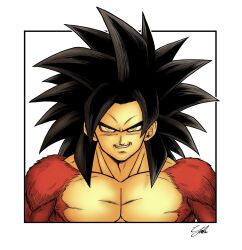  1boy black_hair body_fur dragon_ball gakumanabu highres male_focus monkey_boy muscular muscular_male no_nipples red_fur saiyan signature simple_background solo son_goku spiky_hair super_saiyan super_saiyan_4 toriyama_akira_(style) upper_body white_background 