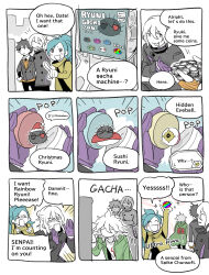  >_< 1girl 3boys :3 absurdres ai_the_somnium_files ai_the_somnium_files:_nirvana_initiative aiba_(ai_the_somnium_files) black_eyes black_jacket blue_hair closed_eyes closed_mouth company_connection danganronpa_(series) danganronpa_2:_goodbye_despair date_kaname english_text gashapon gloves green_jacket high_ponytail highres jacket komaeda_nagito long_hair multiple_boys okiura_mizuki ookutsuwa_waga open_mouth pointing ponytail purple_gloves ryuki_kuruto sea_urchin smile sparkle speech_bubble white_hair yellow_jacket 