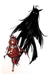  2girls absurdres ahoge animal_ears ark_koiz35 black_dress black_trim closed_eyes commentary dress ear_ornament ear_tag earrings frilled_hairband frills garter_straps glowing glowing_eyes hairband highres horror_(theme) horse_ears horse_girl horse_tail jewelry layered_dress long_hair long_sleeves manhattan_cafe_(umamusume) multiple_girls open_mouth own_hands_clasped own_hands_together red_desire_(umamusume) red_dress red_hairband red_shoes red_thighhighs shadow shoes simple_background single_earring smile socks tail thigh-highs umamusume very_long_hair white_background white_socks yellow_eyes 