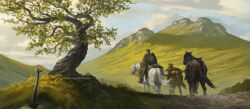  1boy a_knight_of_the_seven_kingdoms a_song_of_ice_and_fire brown_hair brown_horse clouds cloudy_sky commentary day dirt_road draw_souls duncan_the_tall english_commentary from_behind grass highres horse horseback_riding male_focus mountain patreon_username riding road saddle scenery shadow shield shield_on_back short_hair sky solo tree web_address white_horse 