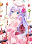  1girl angora_rabbit animal_on_head blue_eyes blue_hair closed_mouth commentary_request floral_background floral_print flower from_behind gochuumon_wa_usagi_desu_ka? hair_flower hair_ornament highres japanese_clothes kafuu_chino kimono long_hair long_sleeves looking_at_viewer looking_back obi on_head pink_flower pink_kimono rabbit rabbit_hair_ornament ryoutan sash side_ponytail smile tippy_(gochiusa) very_long_hair white_background 