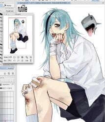  1girl art_program_in_frame bandaged_hand bandages bike_shorts bike_shorts_under_skirt black_shoes black_streaks blood blood_on_bandages blood_on_hands blood_on_leg blue_hair blue_skirt brown_eyes bruise bruise_on_leg choppy_bangs clip_studio_paint collared_shirt commentary cuts elbow_on_thigh english_commentary eyeshadow floyd_leech from_side genderswap genderswap_(mtf) hair_over_one_eye hand_on_own_knee head_on_hand head_rest highres injury invisible_chair legs_together light_blush long_hair looking_at_viewer loose_socks makeup messy_hair miniskirt multicolored_hair nosebleed open_mouth pale_skin parted_bangs partially_unbuttoned piercing_hole pleated_skirt purple_nails rutiiiile sharp_teeth shirt shoes sitting skirt sleeves_rolled_up slit_pupils slouching smokey_eyeshadow socks solo streaked_hair tareme teeth tongue tongue_out twisted_wonderland twitter_username white_shirt white_socks yellow_eyes zoom_layer 