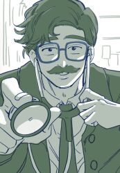  1boy blue-framed_eyewear commentary facial_hair glasses harvey_(stardew_valley) highres holding holding_stethoscope kknggames limited_palette long_sleeves looking_at_viewer male_focus mustache necktie open_clothes shirt short_hair solo stardew_valley stethoscope 