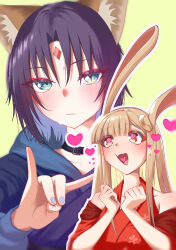  2girls absurdres animal_ears asaq_gl black_choker blonde_hair blue_hair blue_kimono blush brown_hair cho_kaguya-hime! choker closed_mouth clothing_cutout commentary_request forehead_jewel fox_ears fox_girl fox_shadow_puppet green_eyes heart heart-shaped_pupils heart_in_mouth highres japanese_clothes kaguya_(cho_kaguya-hime!) kimono long_hair medium_hair multiple_girls open_mouth outline parted_bangs rabbit_ears rabbit_girl red_eyes red_kimono sakayori_iroha shoulder_cutout sidelocks simple_background symbol-shaped_pupils white_outline 