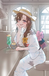  1girl alternate_costume alternate_hairstyle back_bow black_hair blush bow braid braided_ponytail brown_hair cafe chair cherry commentary_request cup drink drinking_straw elbow_rest eyelashes floral_print flower food fruit genderswap genderswap_(mtf) grin hair_between_eyes hair_bow hair_flower hair_ornament hair_over_shoulder hand_on_own_cheek hand_on_own_face hat head_rest ice_cream indoors japanese_clothes kimono long_hair looking_at_viewer miu_vocalo modao_zushi obi official_alternate_hairstyle orange_bow pink_bow pink_sash pudding sash single_braid sitting smile solo spoon sun_hat sunflower table twitter_username violet_eyes wei_wuxian white_kimono wide_sleeves window yellow_flower yukata 