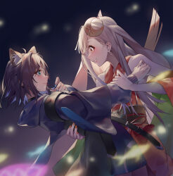  2girls animal_ears asymmetrical_bangs backlighting bare_shoulders belt_buckle black_background black_choker black_hair black_sash blonde_hair blue_kimono blue_nails blurry blurry_background bob_cut buckle chinese_commentary cho_kaguya-hime! choker closed_mouth commentary_request couple cowboy_shot crescent crescent_hair_ornament dancing depth_of_field detached_sleeves dip_(dance_move) extra_ears eye_contact eyeliner floppy_ears forehead_jewel fox_ears fox_girl from_side furrowed_brow ginklaga green_eyes grin hair_behind_ear hair_ornament hand_on_another's_back highres holding_another's_arm hood hood_down japanese_clothes kaguya_(cho_kaguya-hime!) kimono leaning_back long_hair long_sleeves looking_at_another lop_rabbit_ears makeup multiple_girls nail_polish obi obidome obijime orange_eyes orange_nails print_kimono profile rabbit_ears rabbit_girl raised_inner_eyebrows red_eyeliner red_kimono red_sleeves sakayori_iroha sash short_hair short_kimono sidelocks sideways_mouth sleeveless sleeveless_kimono smile tassel two-sided_fabric two-sided_sleeves wavy_mouth wide-eyed wide_sleeves yuri 