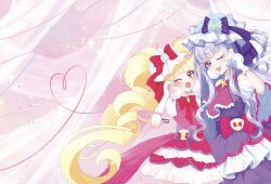  2girls 4ikur0 ;d absurdres aisaki_emiru ascot blonde_hair blue_hair blunt_bangs bow brooch clothing_cutout commentary_request cure_amour cure_macherie dress dress_bow drill_hair frilled_dress frills gloves hat hat_bow heart heart_hands heart_hands_duo highres hugtto!_precure jewelry layered_dress long_hair looking_at_viewer magical_girl medium_dress mob_cap multiple_girls one_eye_closed pact_holder precure puffy_short_sleeves puffy_sleeves purple_ascot purple_bow purple_dress purplet red_bow red_dress red_eyes ruru_amour short_dress short_sleeves shoulder_cutout side-by-side sidelocks smile standing star_brooch streamers twin_drills very_long_hair white_gloves white_hat wide_sleeves 