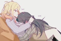  2girls bad_id bad_twitter_id black_hair blonde_hair breasts closed_mouth covered_face from_side gradient_hair grey_background grey_sweater hand_in_another's_hair highres hoshino_ichika_(project_sekai) hug long_hair long_sleeves looking_at_another multicolored_hair multiple_girls pann_(1202zzzx00) pink_eyes pink_hair plaid_clothes plaid_shirt project_sekai shirt sidelocks simple_background sweater tenma_saki two-tone_hair yuri 