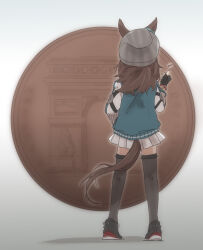  1girl animal_ears arc_de_triomphe beanie beer_hsk black_gloves black_shoes blue_jacket commentary_request ears_through_headwear facing_away fingerless_gloves from_behind gloves grey_hat grey_thighhighs hat horse_ears horse_girl horse_tail jacket nakayama_festa_(umamusume) pleated_skirt shoes skirt solo striped_clothes striped_headwear tail thigh-highs umamusume vertical-striped_clothes vertical-striped_headwear white_skirt 