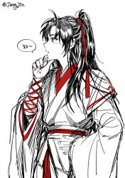  1boy ahoge arm_wrap black_hair blush chinese_clothes commentary_request hair_ribbon hand_on_own_chin hand_on_own_hip hanfu highres korean_text long_hair long_sleeves male_focus melmerry modao_zushi monochrome open_mouth partially_colored ponytail profile red_ribbon red_sash ribbon robe sash simple_background sketch solo speech_bubble spot_color thinking twitter_username wei_wuxian white_background wide_sleeves 