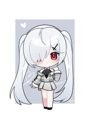  1girl alternate_costume bare_shoulders black_shoes blush border chibi cinderella_(nikke) commentary cross_hair_ornament deformed full_body goddess_of_victory:_nikke grey_background hair_ornament hair_over_one_eye halterneck hand_up heart highres looking_at_viewer momori_sensei off_shoulder plaid_clothes plaid_shirt pleated_skirt red_eyes shirt shoes skirt solo split_mouth twintails white_border white_hair wing_collar 