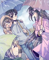  1girl 3boys aubrey_(faraway)_(omori) aubrey_(omori) basil_(faraway)_(omori) basil_(omori) black_eyes black_hair black_shorts blonde_hair blue_pants bow bright_pupils brown_hair closed_eyes closed_mouth commentary_request dark-skinned_male dark_skin denim grey_hoodie hair_between_eyes hair_bow hero_(faraway)_(omori) hero_(omori) highres holding holding_umbrella hood hood_down hood_up hoodie jeans kel_(faraway)_(omori) kel_(omori) long_hair long_sleeves looking_at_another multiple_boys myohn omori open_mouth pants pink_bow raincoat shorts sidelocks teeth umbrella upper_teeth_only v very_long_hair white_pupils 