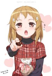  1girl artist_name black_shirt bow brown_eyes brown_hair candy child chocolate dated flower_hairclip food gift_bag hair_ornament hairclip happy_valentine heart heart-shaped_chocolate heart-shaped_food holding holding_chocolate holding_food incoming_food layered_sleeves long_sleeves medium_hair open_mouth original pink_bow plaid_clothes plaid_shirt red_shirt shirt short_over_long_sleeves short_sleeves solo takkun_(alicesoft) teeth upper_body upper_teeth_only valentine 