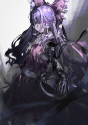  1girl absurdres ascot black_eyes black_hair bow bruce_1354 chest_sarashi closed_mouth commentary_request cowboy_shot cuts frilled_bow frilled_hair_tubes frilled_shirt_collar frills from_side glowing glowing_eye hair_bow hair_tubes hakurei_reimu heterochromia highres injury long_hair nontraditional_miko outstretched_arm red_bow red_shirt red_skirt sarashi scar scar_on_face shirt skirt skirt_set sleeveless sleeveless_shirt solo standing torn_clothes torn_shirt touhou turning_head violet_eyes yellow_ascot 