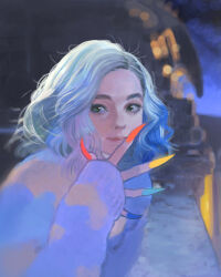  1girl absurdres art_study blonde_hair blue_hair enid_sinclair green_eyes highres little_thunder looking_at_viewer medium_hair photo-referenced pink_hair solo sweater the_addams_family very_long_fingernails wednesday_(netflix) werewolf 