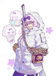  >_< 1girl 3samil1 book bow chain chibi chibi_inset commentary_request gloves grey_hair grin hair_bow hands_in_pockets highres hood hood_up hoodie kira_(project_moon) korean_commentary limbus_company multiple_views open_book pants project_moon purple_bow purple_pants sharp_teeth simple_background smile star_(symbol) sword sword_on_back teeth violet_eyes weapon weapon_on_back white_background white_gloves white_hoodie zipper_pull_tab 