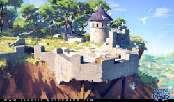  bird blue_sky brick_wall cannon cliff commentary day english_commentary flock grass landscape logo original outdoors painterly scenery sky sunlight sylvain_sarrailh tower tree web_address 