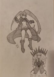  2girls black_bra black_hair black_rock_shooter black_rock_shooter_(character) black_shorts bra breasts bug closed_mouth commentary fly graphite_(medium) greyscale highres medium_breasts monochrome multiple_girls navel no_shirt pale_skin photo_(medium) scar sergent_magnom shorts sketch traditional_media twintails underwear uneven_twintails 