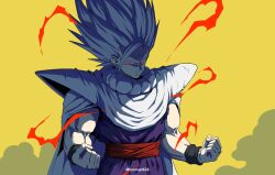  1boy absurdres cape commentary_request cowboy_shot dougi dragon_ball dragon_ball_super dragon_ball_super_super_hero electricity glowing glowing_eyes gohan_beast grey_hair highres horang4628 korean_commentary long_hair male_focus pants purple_pants purple_shirt red_eyes red_sash sash shirt simple_background solo son_gohan spiky_hair white_cape yellow_background 