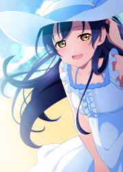  1girl absurdres beach blue_hair blurry blurry_background blush commentary_request dress floating_hair hat highres long_hair love_live! love_live!_school_idol_project marine_day open_mouth sky sky-blue1104 smile solo sonoda_umi sparkle sun_hat water white_dress white_hat yellow_eyes 