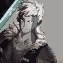  1boy closed_mouth colored_skin commentary_request grey_background grey_hair grey_skin highres holding holding_sword holding_weapon lanz_(xenoblade) light_smile male_focus red_eyes short_hair signature simple_background solo sword toned toned_male toosut0 upper_body weapon xenoblade_chronicles_(series) xenoblade_chronicles_3 