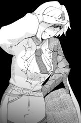  1other absurdres arm_armor armor belt black_background cape character_request check_clothing clothing_request collar commentary copyright_request english_commentary gender_request grey_armor grey_belt grey_hair grey_jacket grey_necktie grey_shorts greyscale grin hair_over_one_eye hand_on_own_forehead hand_on_own_hip hatching_(texture) highres jacket long_sleeves looking_at_viewer mata_(matasoup) monochrome necktie open_mouth puffy_long_sleeves puffy_sleeves shirt short_hair shorts shoulder_armor simple_background single_hair_streak smile star_ornament white_cape white_collar white_eyes white_hair white_shirt 