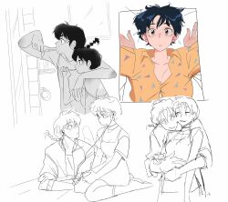  1boy 1girl arm_around_shoulder blue_hair blush braid commentary_request hetero highres hug isabel_(chabeescalante) orange_eyes parted_lips ranma_1/2 saotome_ranma short_hair single_braid spanish_commentary tendou_akane 