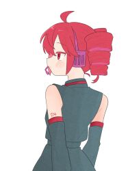  1girl ahoge bare_shoulders closed_mouth detached_sleeves drill_hair from_behind grey_shirt headset highres kasane_teto kasane_teto_(utau) komori_kamome looking_to_the_side profile red_eyes red_hair shirt simple_background sleeveless sleeveless_shirt solo twin_drills upper_body utau white_background 