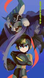  2boys absurdres arm_cannon blue_background bodysuit crossover highres holding holding_sword holding_weapon kirby_(series) male_focus mega_man_(character) mega_man_(classic) mega_man_(series) meta_knight multiple_boys simple_background sword weapon yasaikakiage yellow_bodysuit yellow_eyes 