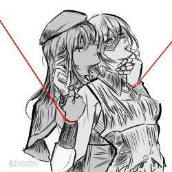  2girls amoris_(bang_dream!) bang_dream! bang_dream!_it's_mygo!!!!! beret blood commentary english_commentary finger_in_another's_mouth gloomspiral greyscale hat highres long_hair long_sleeves mask masquerade_mask monochrome mortis_(bang_dream!) mortis_(costume)_(bang_dream!) multiple_girls restrained short_hair sidelocks simple_background spot_color wakaba_mutsumi white_background yuri yuutenji_nyamu 