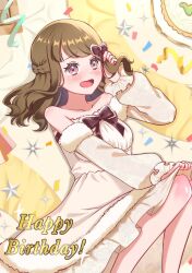  1girl :d bare_shoulders bow bowtie braid brown_bow brown_bowtie brown_hair collarbone commentary_request detached_sleeves dress feet_out_of_frame frilled_dress frilled_sleeves frills fur-trimmed_dress fur_trim hair_bow half_up_braid highres holding holding_own_hair kachimachi_kosuzu kachimachi_kosuzu_(17th_birthday) link!_like!_love_live! long_sleeves looking_at_viewer love_live! lying mano_409 medium_dress on_back open_mouth pink_eyes smile solo strapless strapless_dress virtual_youtuber white_dress 