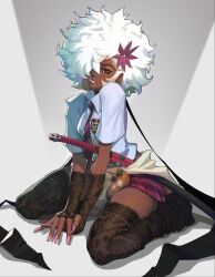  1girl afro black_choker black_shoes black_socks breasts brown_eyes choker clothes_around_waist collared_shirt dark-skinned_female dark_skin estyy fingerless_gloves fingernails flower fox_tail gloves hair_flower hair_ornament hair_over_one_eye highres katana kneeling lace lace_sleeves lace_thighhighs long_fingernails looking_at_viewer loose_socks medium_breasts miniskirt nail_polish necktie no_more_heroes pink_flower pink_lips pink_nails pink_necktie pink_skirt plaid_clothes plaid_necktie plaid_skirt school_uniform shinobu_jacobs shirt shoes short_sleeves simple_background sitting skirt socks solo sweater sweater_around_waist sword tail thigh-highs wariza weapon white_hair white_shirt 