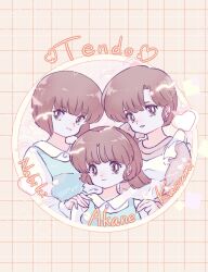  3girls absurdres bob_cut brown_eyes brown_hair character_name closed_mouth commentary_request en_0410 fuurinkan_high_school_uniform grid_background highres low_side_ponytail multiple_girls open_mouth pale_skin ranma_1/2 school_uniform short_hair siblings side_ponytail sisters smile tendou_akane tendou_kasumi tendou_nabiki upper_body yellow_background 