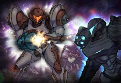  1other 2girls arm_cannon armor assault_visor blue_visor dark_samus dark_suit_(metroid) glowing helmet metroid metroid_prime_2:_echoes multiple_girls orange_visor power_armor power_suit_(metroid) samus_aran science_fiction shoulder_armor u-mos wakaba_(wata_ridley) weapon 