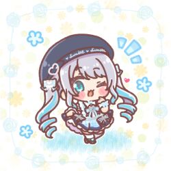  1girl ;d beret black_hat black_shoes blue_dress blue_eyes blue_hair blush_stickers character_name chibi clothes_writing commentary_request dress floral_background hand_up hat heart highres kaga_sumire long_hair looking_at_viewer mitarashi_neko multicolored_hair notice_lines one_eye_closed plaid_clothes plaid_dress ringlets shoes smile socks solo streaked_hair twintails very_long_hair virtual_youtuber vspo! white_background white_socks 