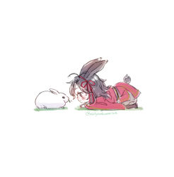  1boy aged_down ahoge alternate_costume alternate_hairstyle androgynous animal animal_ears black_hair black_shoes blush carrot child commentary_request from_side grass grey_eyes grey_pants grey_sash hair_down hair_ribbon hairband japanese_clothes kemonomimi_mode kimono long_hair long_sleeves lying medium_hair miu_vocalo modao_zushi obi on_ground on_stomach pants profile rabbit rabbit_boy rabbit_ears rabbit_tail red_hairband red_kimono red_ribbon ribbon sash shoes simple_background solo tail trap twitter_username wei_wuxian white_background white_rabbit_(animal) 