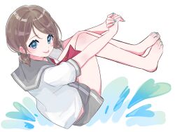 1girl barefoot bihuloa blue_eyes cannonball commentary diving grey_hair grey_sailor_collar grey_skirt highres looking_at_viewer love_live! love_live!_sunshine!! medium_hair miniskirt nail_polish neckerchief pleated_skirt red_neckerchief sailor_collar school_uniform shirt short_sleeves short_twintails skirt tongue twintails untranslatable_commentary uranohoshi_school_uniform watanabe_you white_background white_shirt 