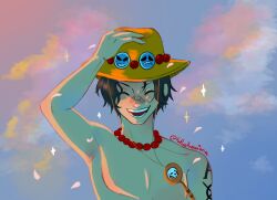  1boy ^_^ arm_tattoo bandaid bandaid_on_face bandaid_on_nose black_hair blueberriena closed_eyes commentary english_commentary falling_petals hand_on_own_hat hat highres jewelry male_focus necklace one_piece orange_hat outdoors pearl_necklace petals portgas_d._ace short_hair smile solo sparkle sunset tattoo topless_male 