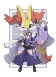  artist_name braixen clothed_pokemon highres japanese_clothes looking_at_viewer makoto_ikemu no_humans one_eye_closed pokemon pokemon_(creature) signature simple_background solo watermark 