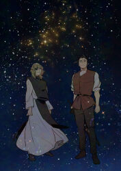  2boys badeni belt black_belt black_hair black_pants black_tabard chi.:_chikyuu_no_undou_ni_tsuite full_body happy kadeart male_focus medium_hair multiple_boys oczy pants scar scar_on_face scar_on_lip scar_on_mouth scar_on_nose sheath sheathed shirt sky sleeves_rolled_up smile space standing star_(sky) starry_sky sword tabard tonsure vest waistcoat weapon white_shirt 